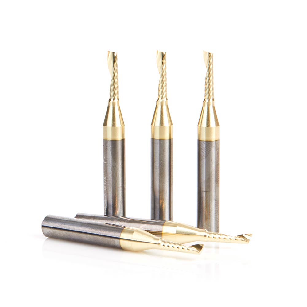 Amana Tool 51454-Z-5, 5-Pack CNC SC Spiral O Single Flute, ZrN Coated Aluminum Cutting 1/8 D x 1/2 CH x 1/4 SHK x 2 Inch Long Up-Cut Router Bits with Mirror Finish Questions & Answers