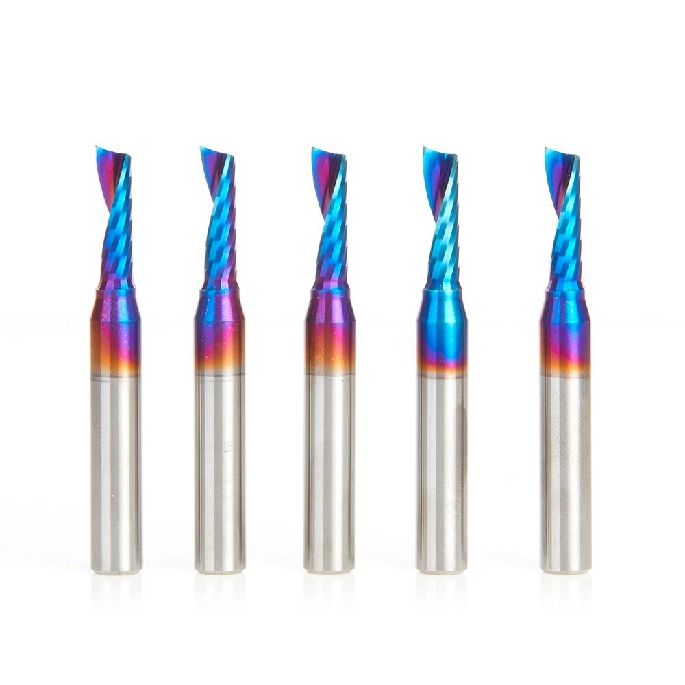 Amana Tool 51417-K-5, 5-Pack CNC Spektra Coated SC Spiral O Single Flute, Plastic Cutting 3/16 D x 5/8 CH x 1/4 SHK x 2 Inch Long Up-Cut Router Bits with Mirror Finish Questions & Answers