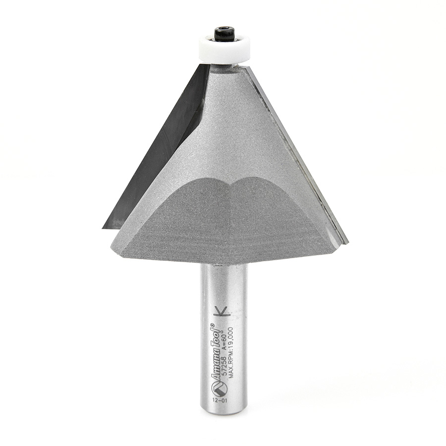 Amana Tool 57258 Carbide Tipped Chamfer with Ultra-Glide BB Guide Solid Surface 2-17/32 D x 1-3/4 CH x 30 Deg x 1/2 Inch SHK Router Bit Questions & Answers