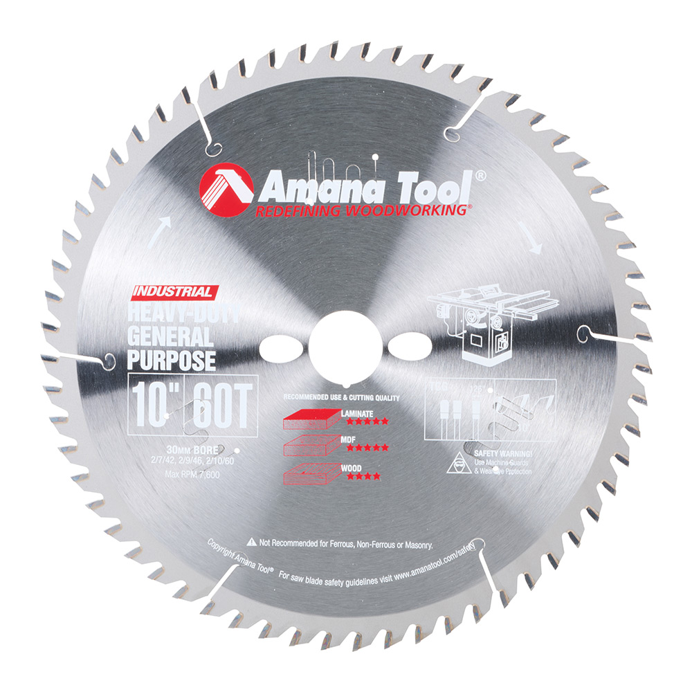 Amana Tool 610601-30 Carbide Tipped General Purpose 10 Inch D x 60T TCG, 10 Deg, 30MM Bore, Circular Saw Blade Questions & Answers