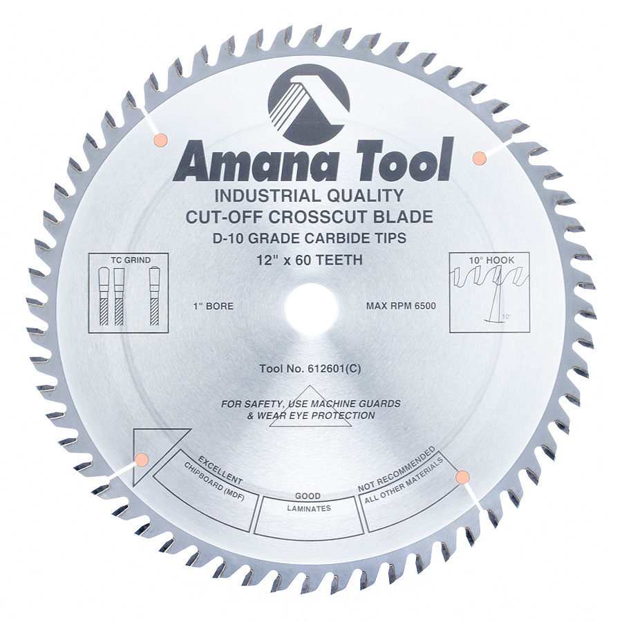 Amana Tool 612601 Carbide Tipped General Purpose 12 Inch D x 60T TCG, 10 Deg, 1 Inch Bore, Circular Saw Blade Questions & Answers