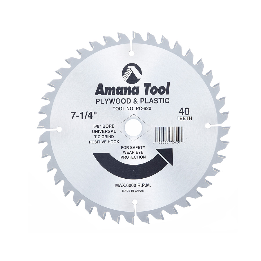 Amana Tool PC-620 Carbide Tipped Plywood & Plastic 7-1/4 Inch D x 40T TCG, 5/8 - Universal Bore, Circular Saw Blade Questions & Answers