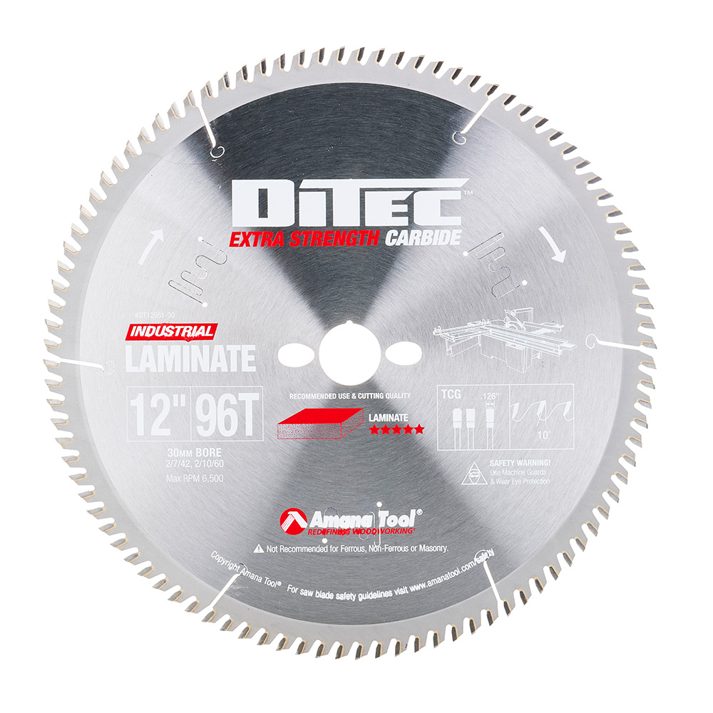 Amana Tool DT12961-30 Carbide Tipped Sliding Table Saw 12 Inch D x 96T TCG, 10 Deg, 30MM Bore, Circular Saw Blade Questions & Answers