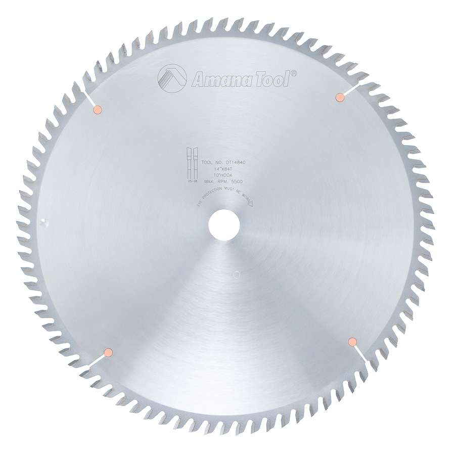 Amana Tool DT14840 Carbide Tipped Sliding Table Saw 14 Inch D x 84T ATB, 10 Deg, 1 Inch Bore, Circular Saw Blade Questions & Answers