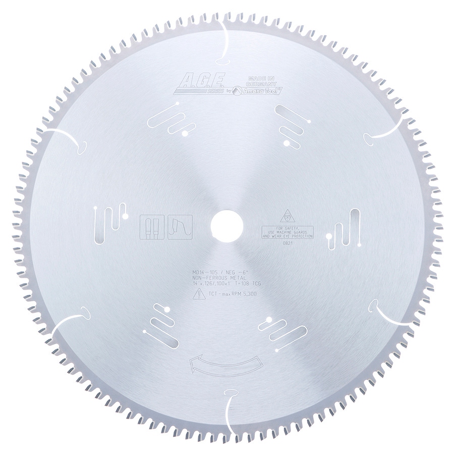 AGE Series MD14-105 Carbide Tipped Aluminum and Non-Ferrous Metals 14 Inch D x 108T TCG, -6 Deg, 1 Inch Bore, Circular Saw Blade Questions & Answers