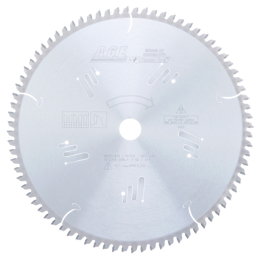AGE Series MD12-816 Carbide Tipped Heavy Miter 12 Inch D x 80T 4+1 ATB, -5 Deg, 1 Inch Bore, Circular Saw Blade Questions & Answers
