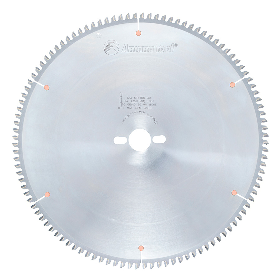 Amana Tool 514108-30 Carbide Tipped Aluminum and Non-Ferrous Metals 14 Inch D x 108T TCG, -6 Deg, 30MM Bore, Circular Saw Blade Questions & Answers