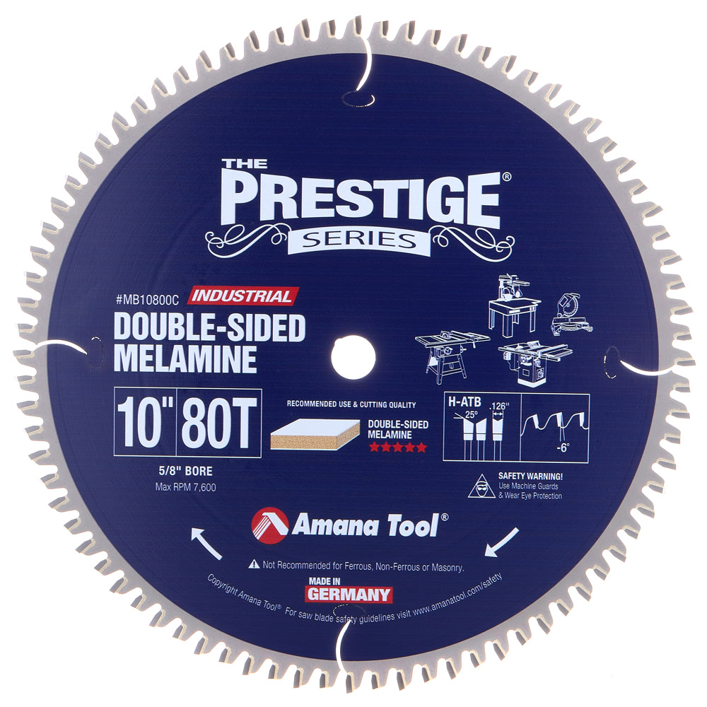 Amana Tool MB10800C Carbide Tipped Double-Face Melamine 10 Inch D x 80T H-ATB, -6 Deg, 5/8 Bore Circular Saw Blade Questions & Answers