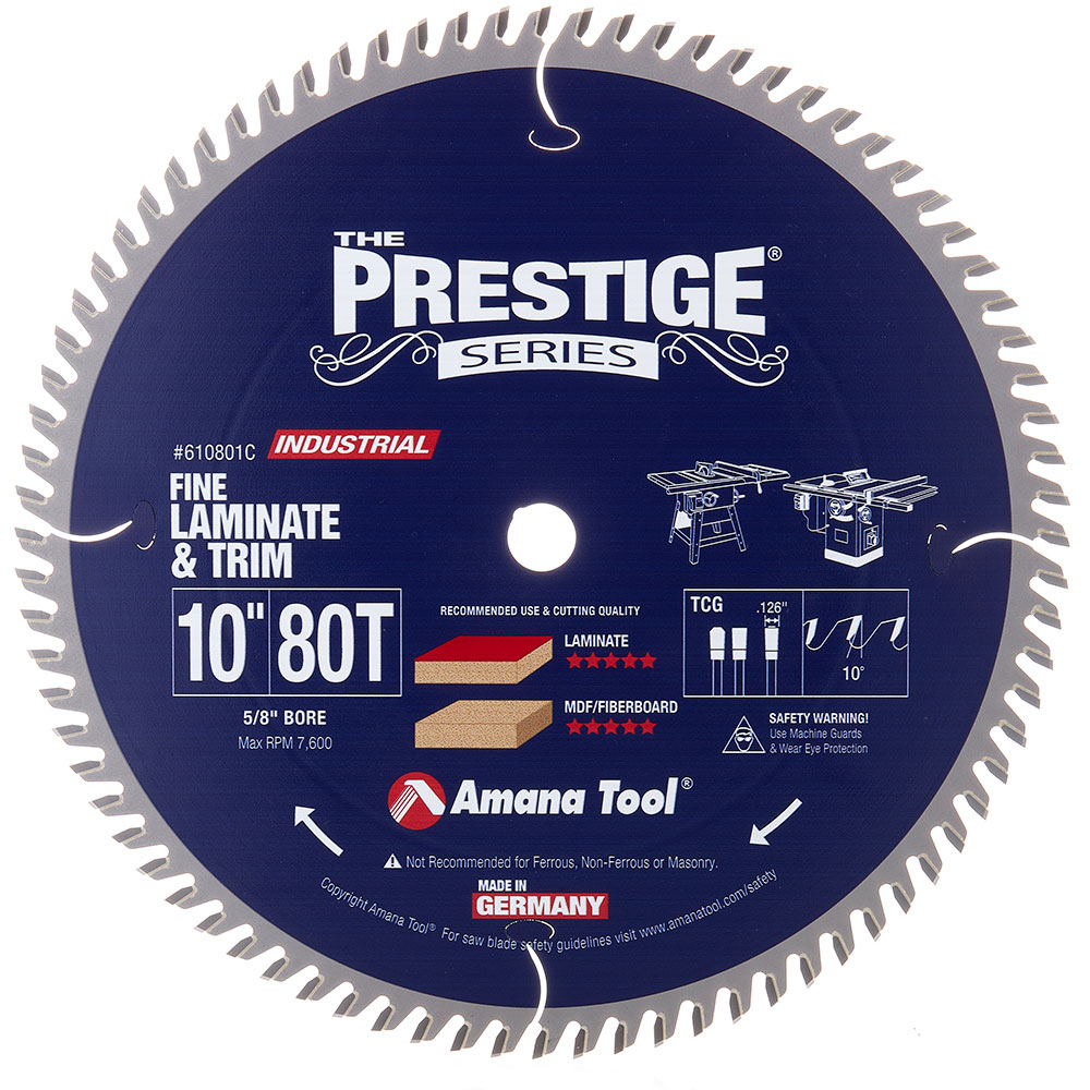 Amana Tool 610801C Carbide Tipped Prestige Fine Cut-Off and Crosscut 10 Inch D x 80T TCG, 10 Deg, 5/8 Bore Circular Saw Blade Questions & Answers