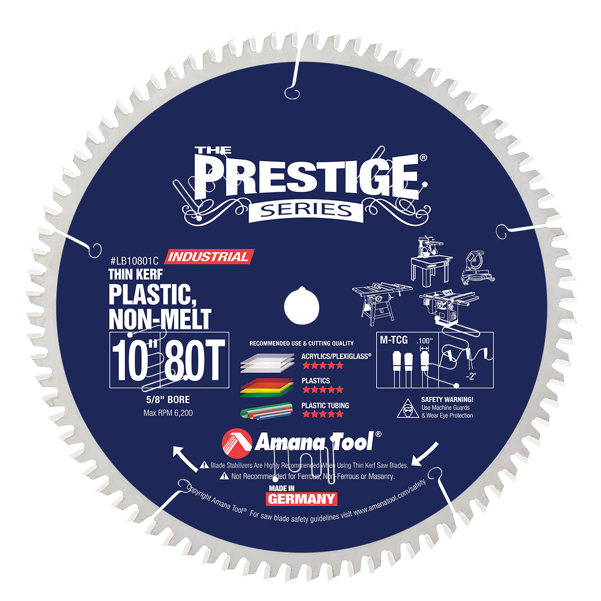 Amana Tool LB10801C Carbide Tipped Prestige Non-Melt Plastic 10 Inch D x 80T M-TCG, -2 Deg, 5/8 Bore Circular Saw Blade Questions & Answers