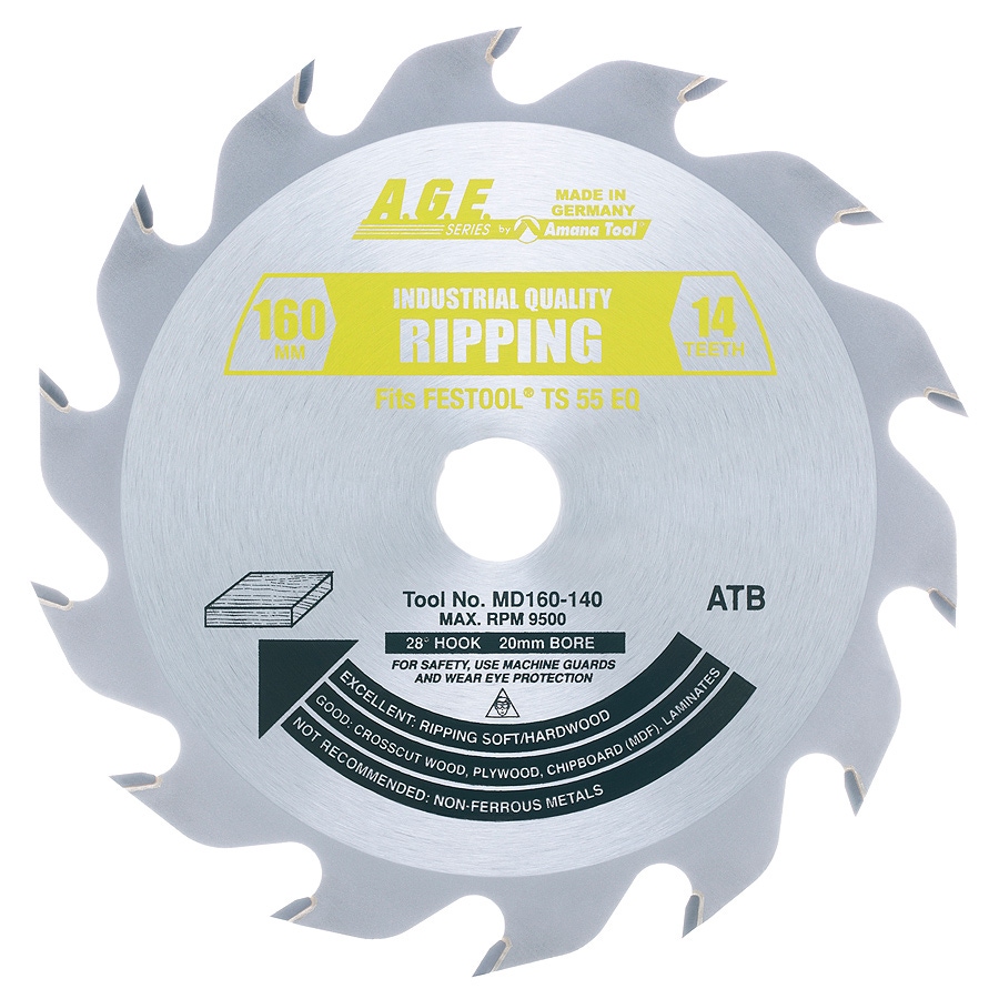 AGE Series MD160-140 For Festool Track Saw Machine Carbide Tipped Ripping Saw Blade 160mm D x 14T ATB, 28 Deg, 20mm Bore Questions & Answers