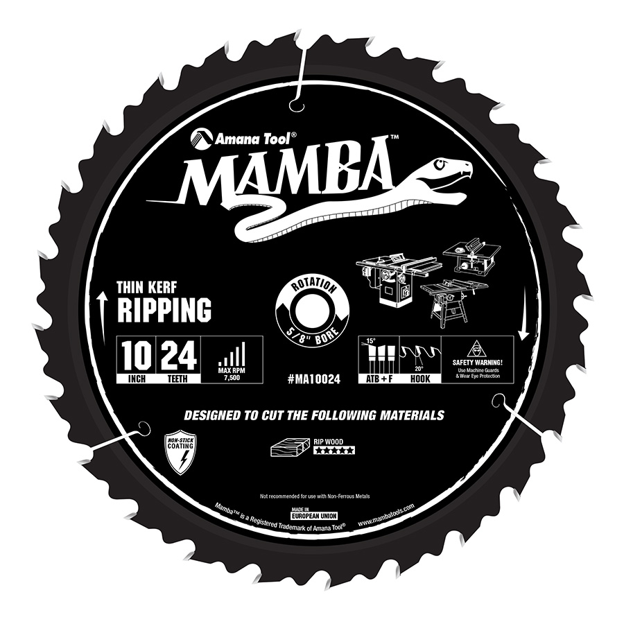Amana Tool MA10024 Carbide Tipped Thin Kerf Ripping Mamba Contractor Series 10 Inch D x 24T, ATB+F, 20 Deg, 5/8 Bore Circular Saw Blade Questions & Answers