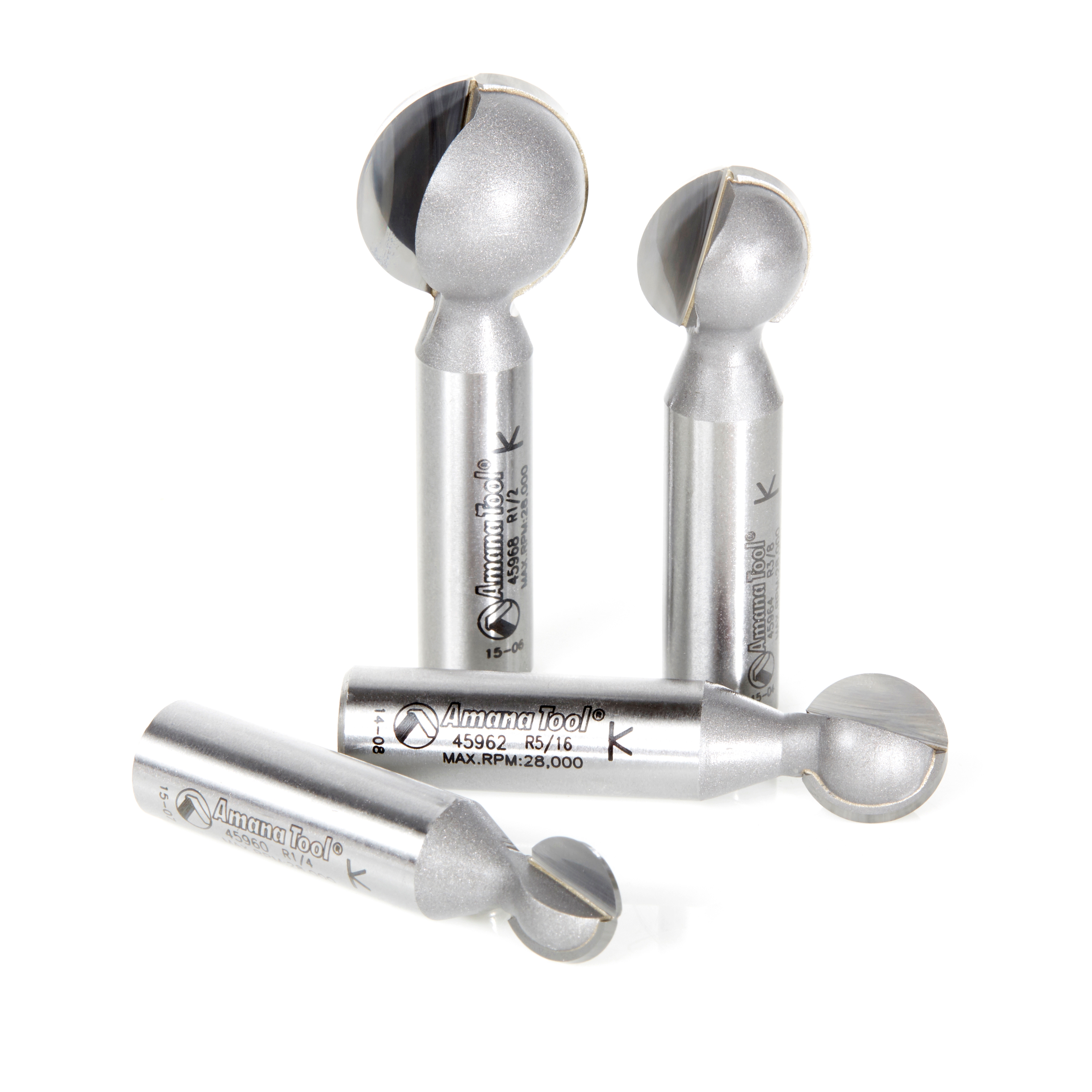 Amana Tool AMS-557 4-Pc. Carbide Tipped Ball End 1/2 Inch SHK Router Bit Includes 45960, 45962, 45964, 45968 Questions & Answers