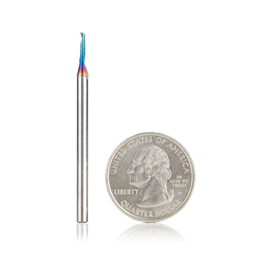 Amana Tool 51415-K CNC Spektra Coated SC Spiral O Single Flute, Plastic Cutting 1/16 D x 1/4 CH x 1/8 SHK x 2 Inch Long Up-Cut Router Bit with Mirror Finish Questions & Answers