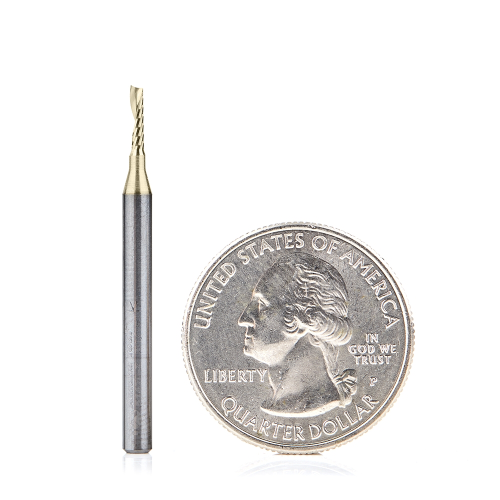 Amana Tool 51470-Z CNC SC Spiral O Single Flute, Aluminum Cutting 1/16 D x 1/4 CH x 1/8 SHK x 1-1/2 Inch Long Up-Cut ZrN Coated Router Bit with Mirror Finish Questions & Answers