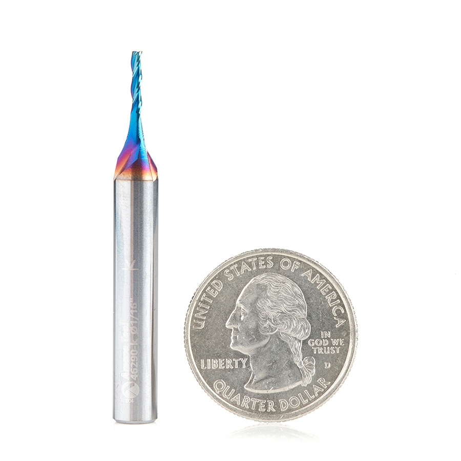 Amana Tool 46290-K CNC Spektra Extreme Tool Life Coated Spiral 2D/3D Carving 0.10 Deg Tapered Angle Flat Bottom x 1/16 D x 5/16 CH x 1/4 SHK x 2 Inch Long x 3 Flute SC Up-Cut Router Bit Questions & Answers