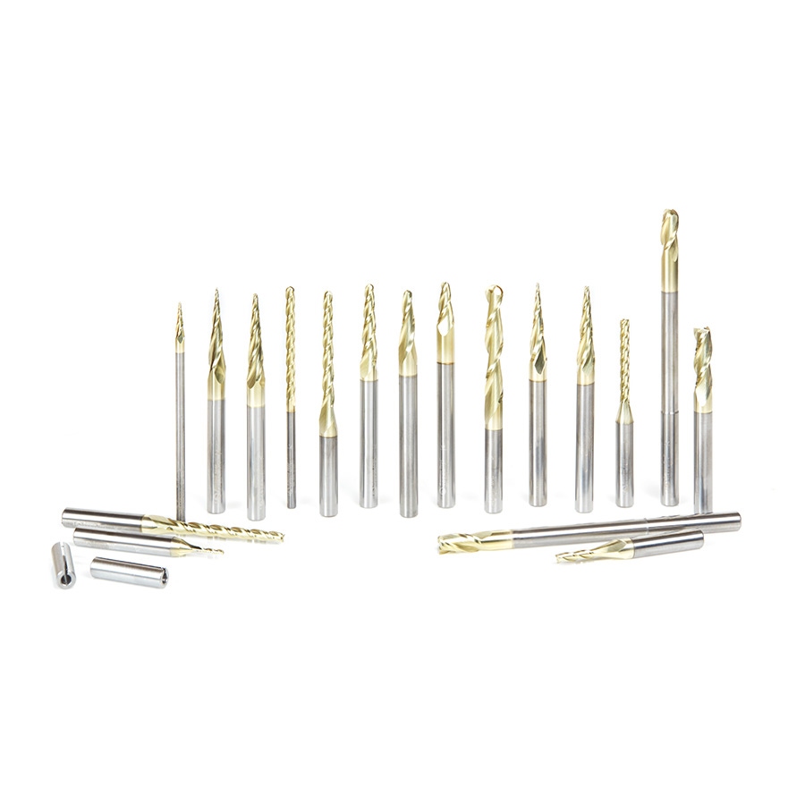 Amana Tool AMS-143 18-Pc CNC 2D and 3D Carving Ball Nose & Flat Bottom ZrN Coated Solid Carbide Router Bit Collection Questions & Answers