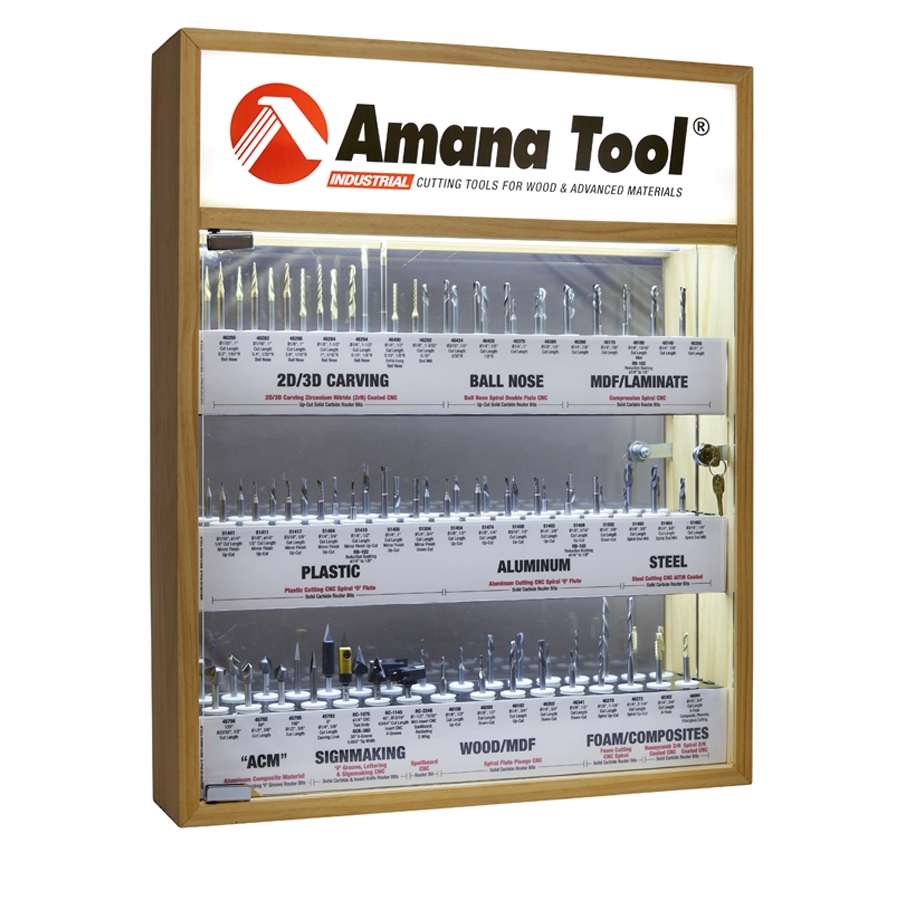 Amana Tool AMS-CNC-52 CNC Master Router Bit Collection Includes 52 1/4 inch Shank SKUs and LED Illuminated, Mirrored Interior and Solid Wood Display Questions & Answers