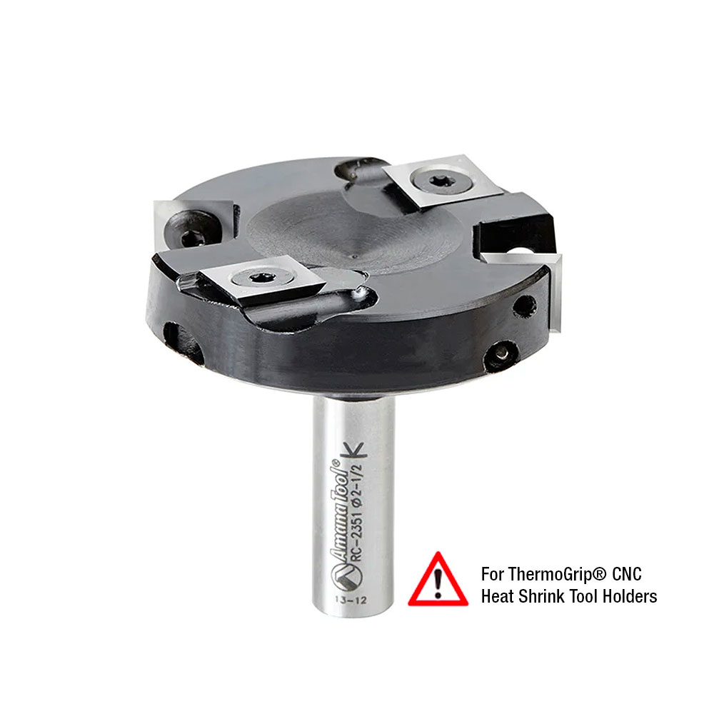 Amana Tool RC-2351 CNC Spoilboard Insert Surfacing & Rabbeting Flycutter 2+2 Flute Design 2-1/2 D x 15/32 CH x 1/2 SHK for ThermoGrip CNC Heat Shrink Tool Holders, Includes 2 Each of HMA-12 and HCK-70 Questions & Answers