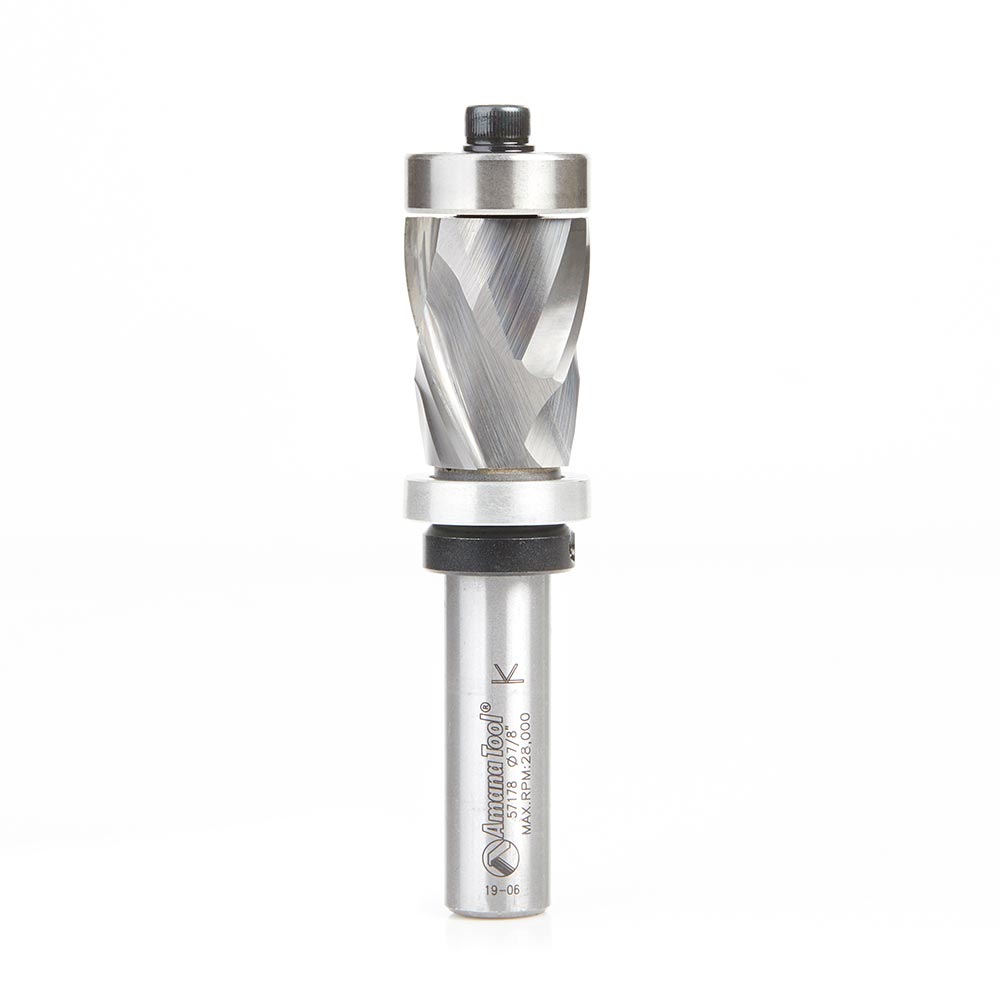 Amana Tool 57178 Solid Carbide (Brazed to Steel Shank) Spiral Flush Trim Compression 7/8 D x 1-1/8 CH x 1/2 Inch SHK w/ Upper and Lower Ball Bearing Router Bit Questions & Answers