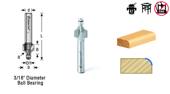 Required combined length of guide bearing and mounting nut for round-over bit with 1/4" clearance