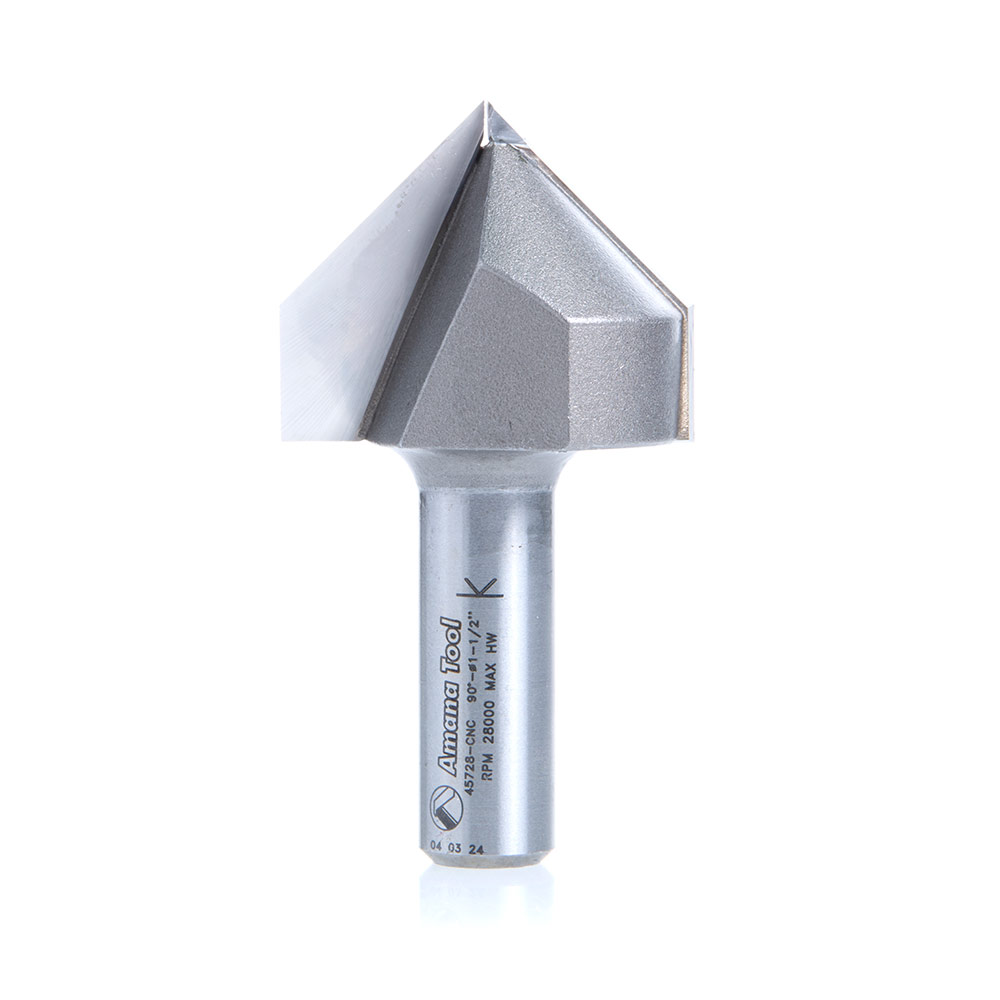 Amana Tool 45728-CNC Carbide Tipped V-Groove 90 Deg x 1-1/2 D x 1-1/4 Inch CH x 1/2 SHK Router Bit Questions & Answers
